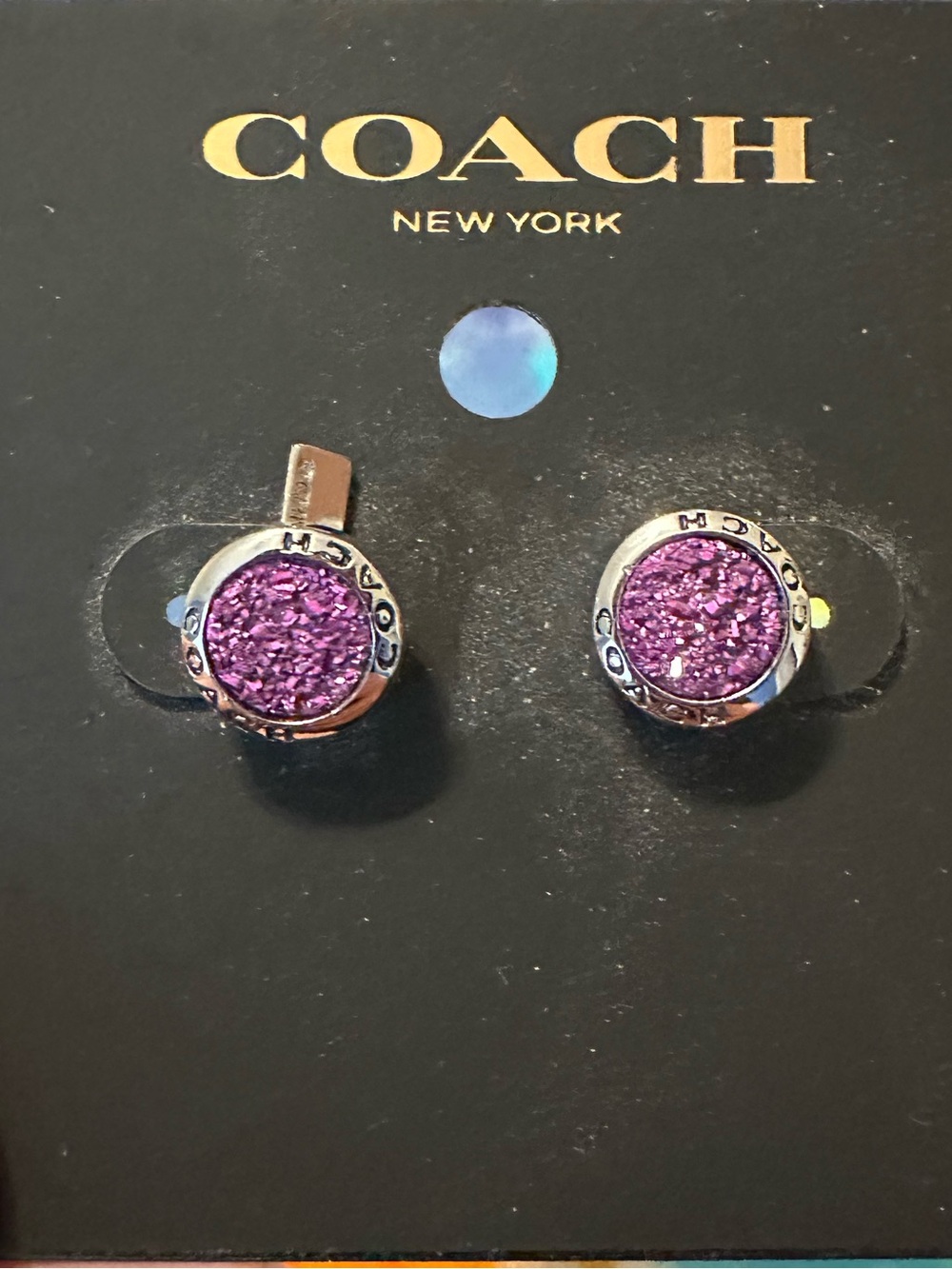Coach Druzy-Look Round Stud Earrings - Silver Hardware.  Pinkish purple stone.